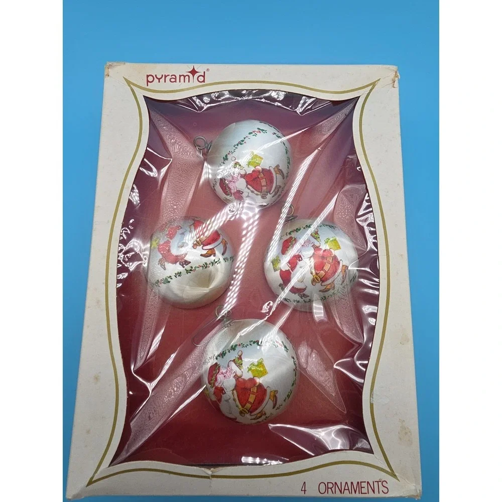 4 Vintage 1980s Satin Santa & Mrs Claus Kissing Christmas Tree Ball Ornaments